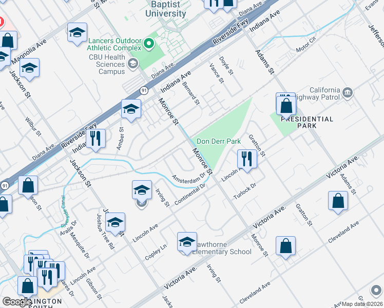 map of restaurants, bars, coffee shops, grocery stores, and more near 3024 Monroe Street in Riverside