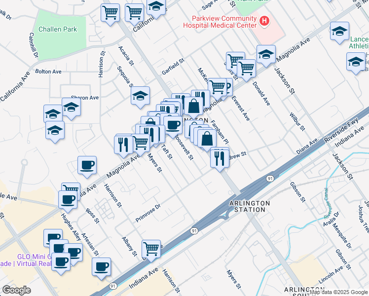map of restaurants, bars, coffee shops, grocery stores, and more near 3714 Roosevelt Street in Riverside
