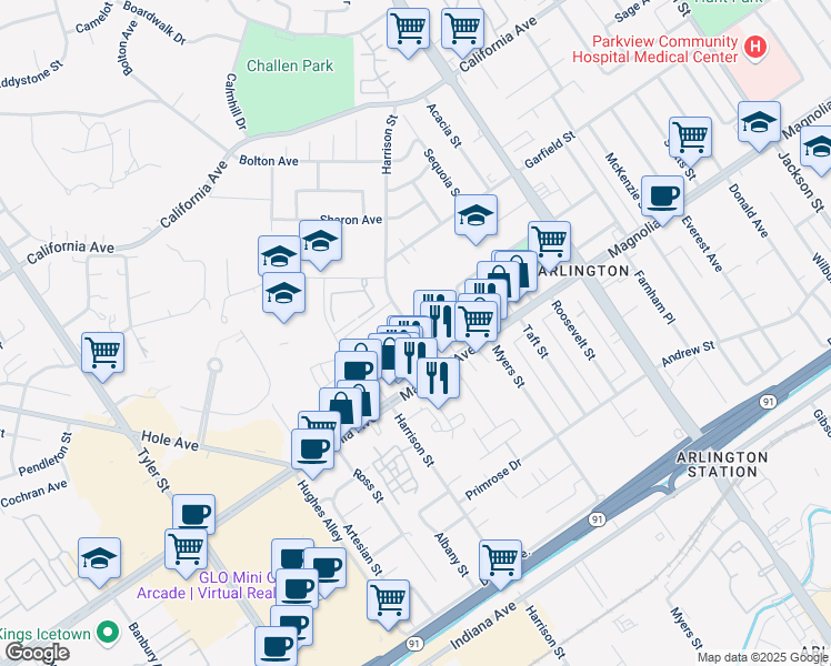 map of restaurants, bars, coffee shops, grocery stores, and more near 3849 Harrison Street in Riverside