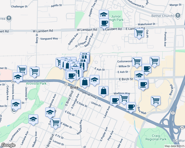 map of restaurants, bars, coffee shops, grocery stores, and more near 131 South Flower Avenue in Brea