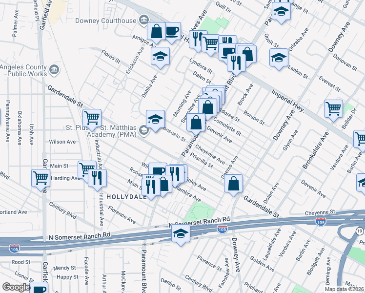 map of restaurants, bars, coffee shops, grocery stores, and more near 13028 Paramount Boulevard in Downey