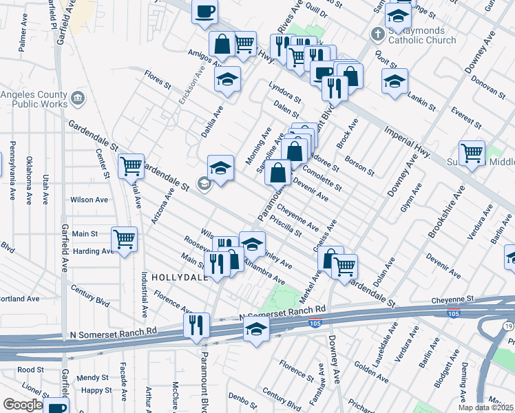 map of restaurants, bars, coffee shops, grocery stores, and more near 13028 Paramount Boulevard in Downey