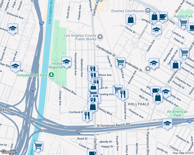 map of restaurants, bars, coffee shops, grocery stores, and more near 11922 Garfield Avenue in South Gate