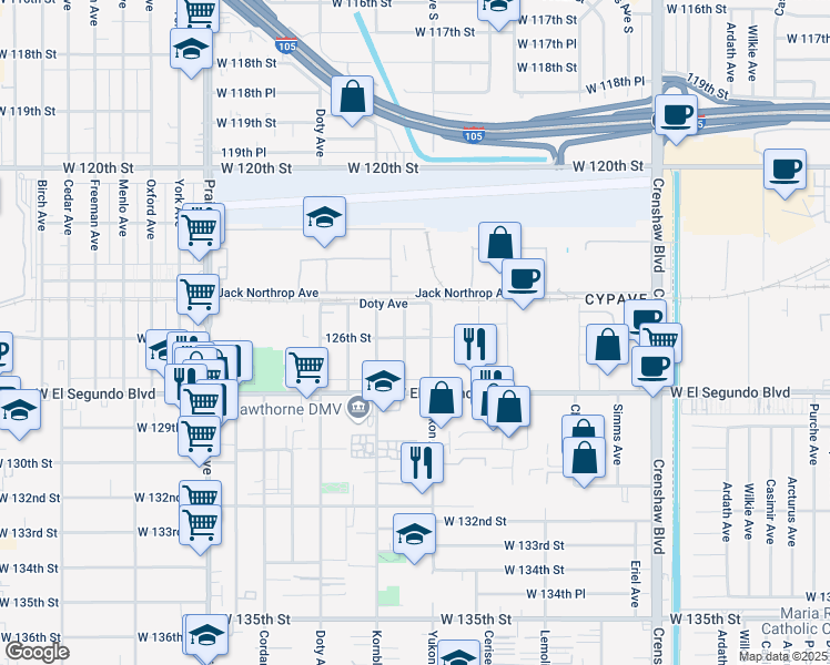 map of restaurants, bars, coffee shops, grocery stores, and more near 12523 Cranbrook Avenue in Hawthorne