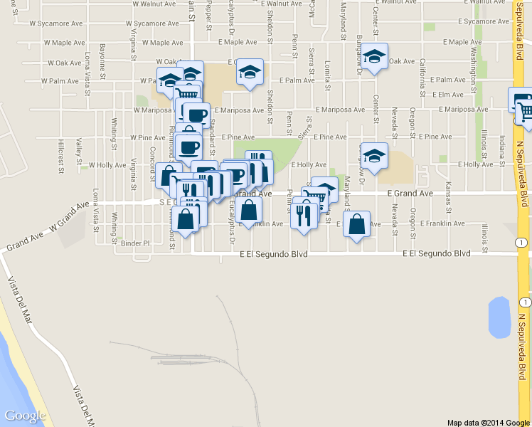 map of restaurants, bars, coffee shops, grocery stores, and more near 427 East Franklin Avenue in El Segundo