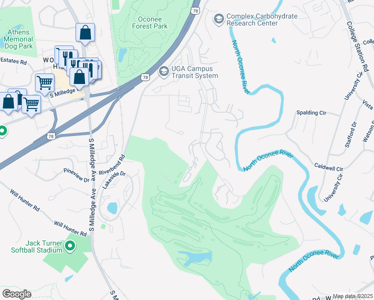 map of restaurants, bars, coffee shops, grocery stores, and more near 100 Woodstone Drive in Athens