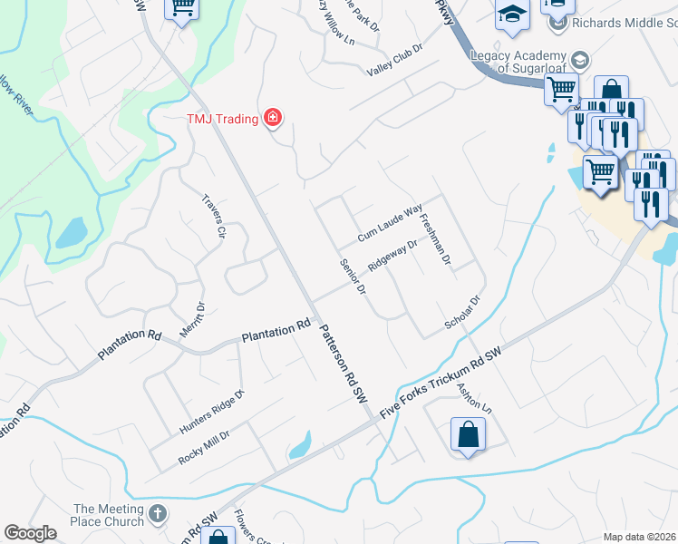 map of restaurants, bars, coffee shops, grocery stores, and more near 410 Senior Drive in Lawrenceville