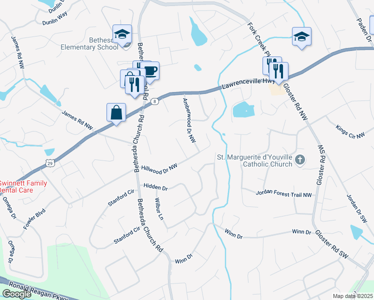 map of restaurants, bars, coffee shops, grocery stores, and more near 273 Hardwood Lane Northwest in Lawrenceville