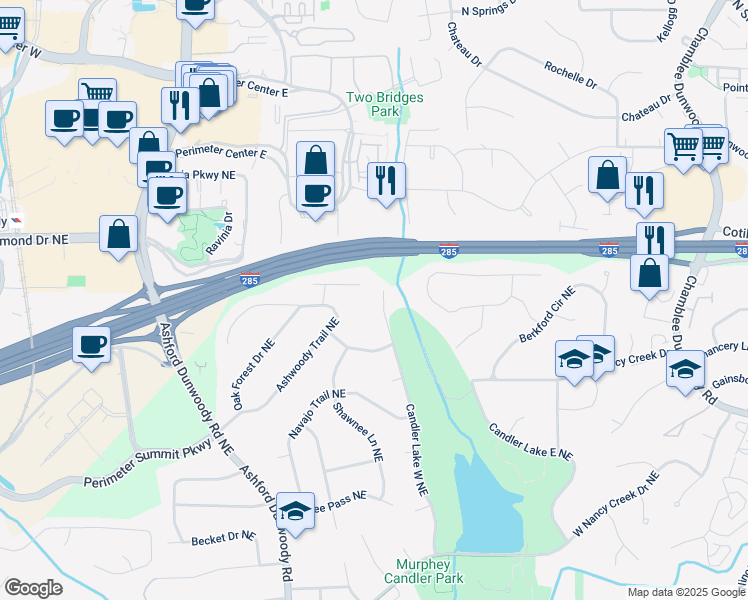 map of restaurants, bars, coffee shops, grocery stores, and more near 4234 Long Branch Court Northeast in Atlanta