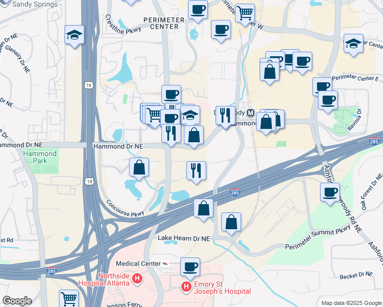 map of restaurants, bars, coffee shops, grocery stores, and more near 1155 Hammond Drive in Sandy Springs