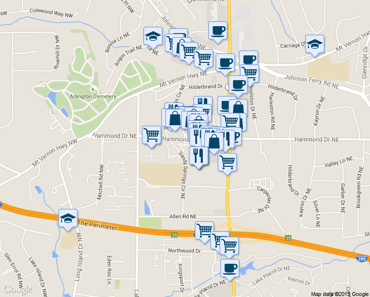 map of restaurants, bars, coffee shops, grocery stores, and more near 212 Le Gran Cove Northeast in Sandy Springs
