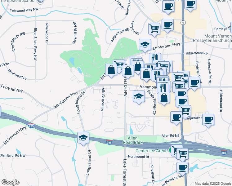 map of restaurants, bars, coffee shops, grocery stores, and more near 535 Cameron Manor Way Northwest in Atlanta
