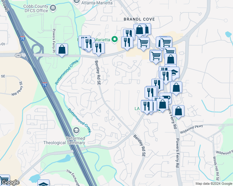 map of restaurants, bars, coffee shops, grocery stores, and more near 1470 Bentley Lane Southeast in Marietta