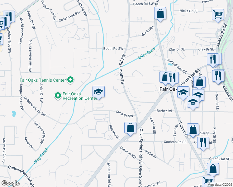 map of restaurants, bars, coffee shops, grocery stores, and more near 1378 Sandtown Green Southwest in Marietta