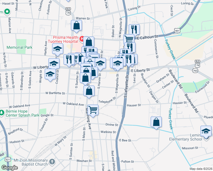 map of restaurants, bars, coffee shops, grocery stores, and more near 22 Kendrick Street in Sumter