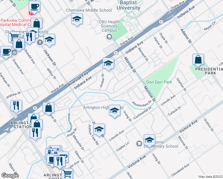 map of restaurants, bars, coffee shops, grocery stores, and more near 8895 Marlene Street in Riverside