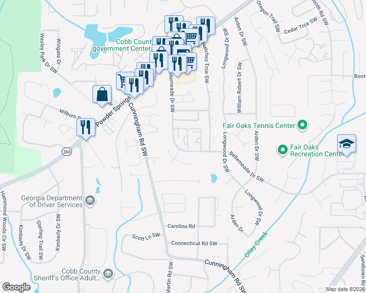 map of restaurants, bars, coffee shops, grocery stores, and more near 1378 Old Coach Road Southwest in Marietta