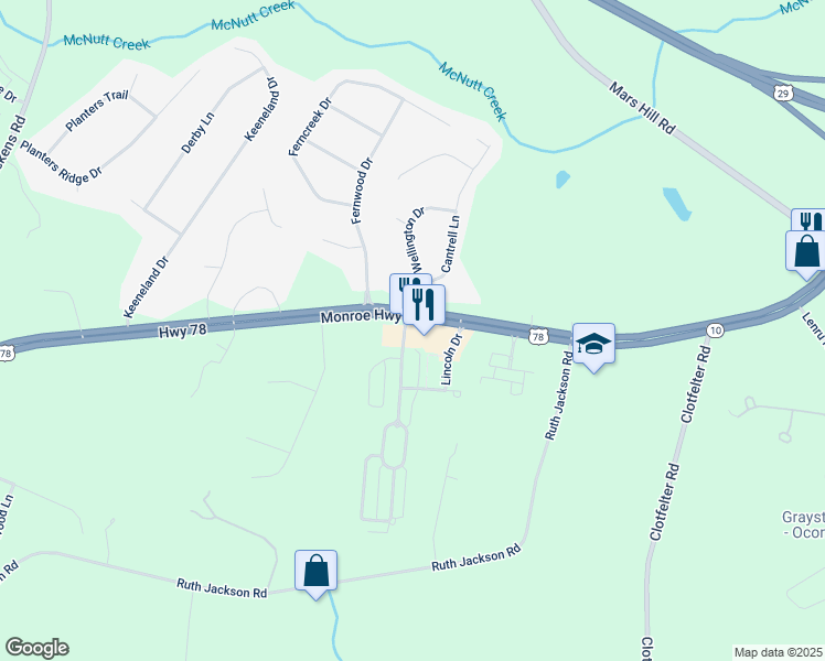 map of restaurants, bars, coffee shops, grocery stores, and more near 3001 Monroe Highway in Watkinsville