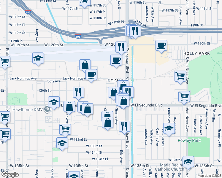 map of restaurants, bars, coffee shops, grocery stores, and more near 12600 Chadron Ave in Hawthorne