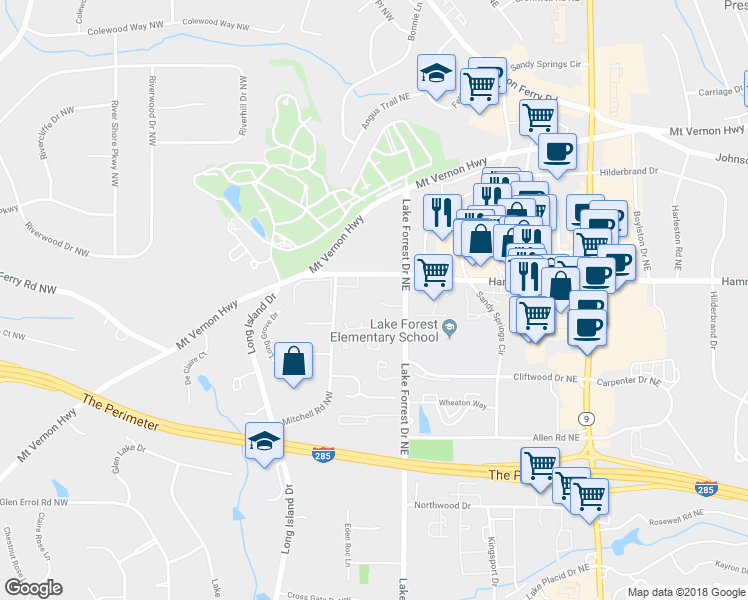 map of restaurants, bars, coffee shops, grocery stores, and more near 535 Cameron Manor Way Northwest in Atlanta