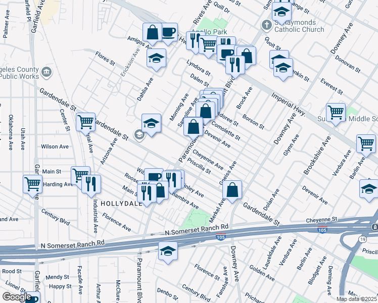 map of restaurants, bars, coffee shops, grocery stores, and more near 13028 Paramount Boulevard in Downey