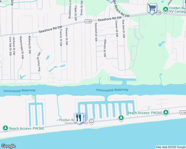 map of restaurants, bars, coffee shops, grocery stores, and more near 2882 Andrews Drive Southwest in Supply