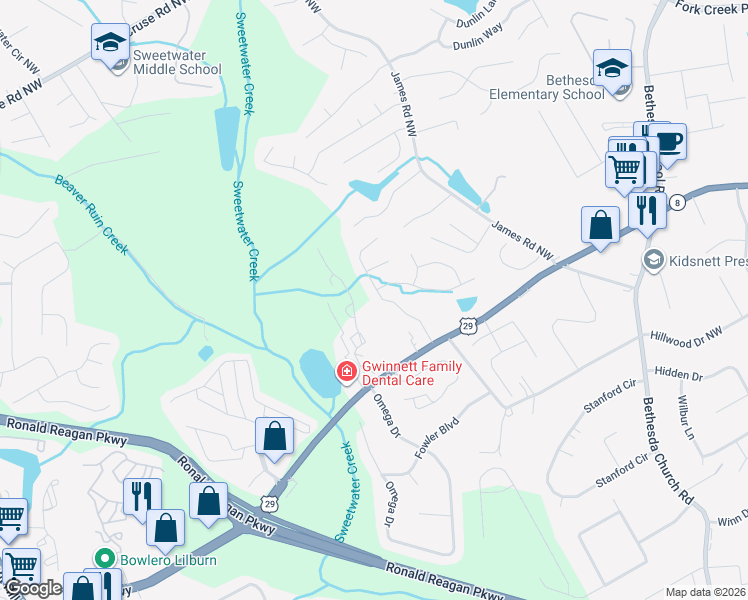 map of restaurants, bars, coffee shops, grocery stores, and more near 480 Sunnyside Drive in Lawrenceville