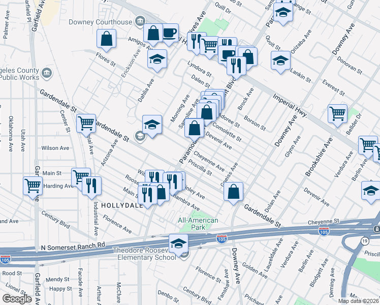 map of restaurants, bars, coffee shops, grocery stores, and more near 13000 Paramount Boulevard in Downey