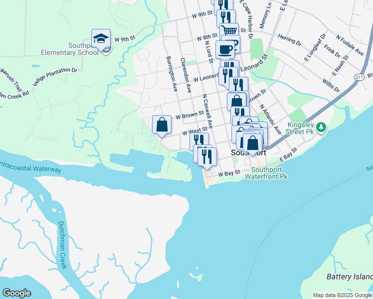 map of restaurants, bars, coffee shops, grocery stores, and more near 419 West Brunswick Street in Southport