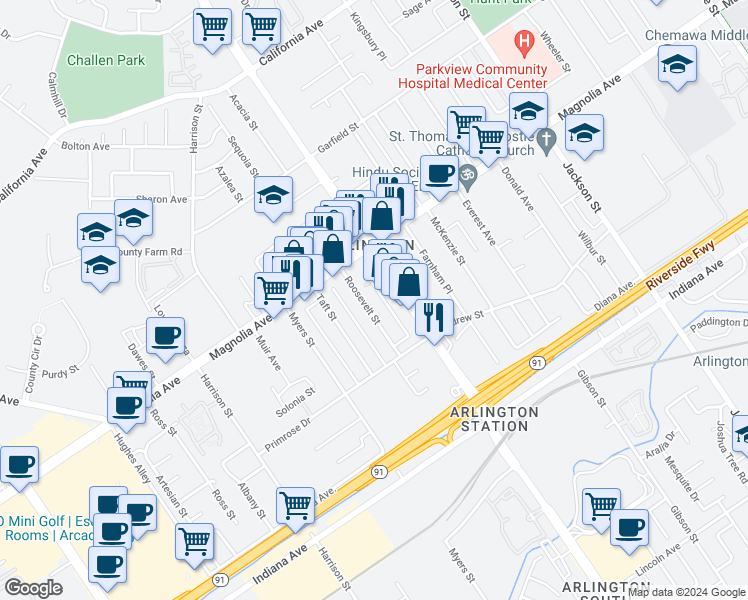map of restaurants, bars, coffee shops, grocery stores, and more near 3717 Roosevelt Street in Riverside