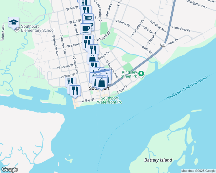 map of restaurants, bars, coffee shops, grocery stores, and more near 108 South Davis Street in Southport