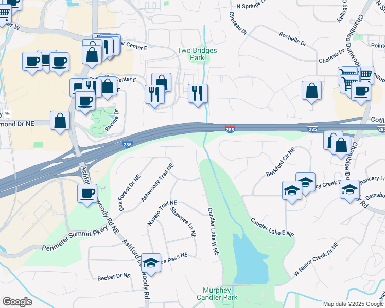 map of restaurants, bars, coffee shops, grocery stores, and more near 4234 Long Branch Court Northeast in Atlanta