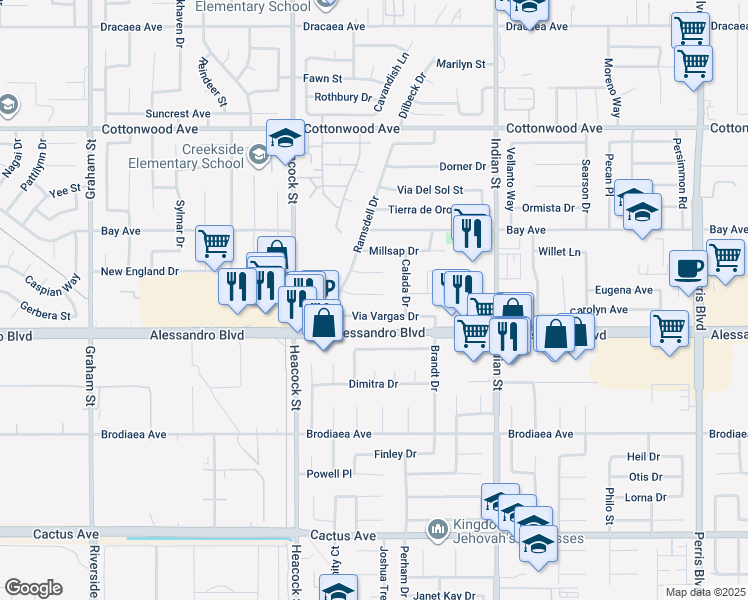 map of restaurants, bars, coffee shops, grocery stores, and more near 24209 Delgado Court in Moreno Valley