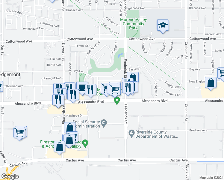 map of restaurants, bars, coffee shops, grocery stores, and more near 22898 Adrienne Avenue in Moreno Valley