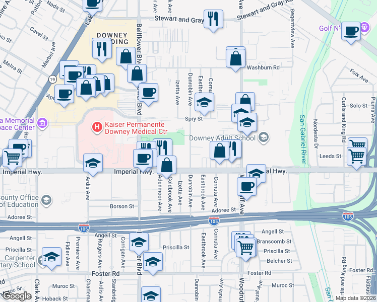 map of restaurants, bars, coffee shops, grocery stores, and more near 12415 Dunrobin Avenue in Downey