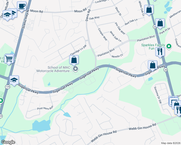 map of restaurants, bars, coffee shops, grocery stores, and more near 2352 Sugarloaf Parkway in Lawrenceville