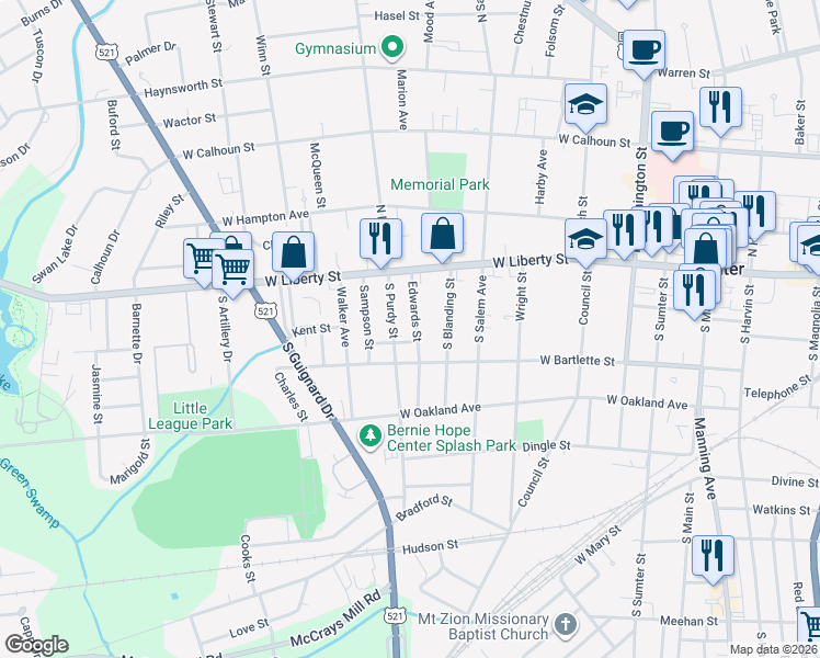 map of restaurants, bars, coffee shops, grocery stores, and more near 36 Edwards Street in Sumter