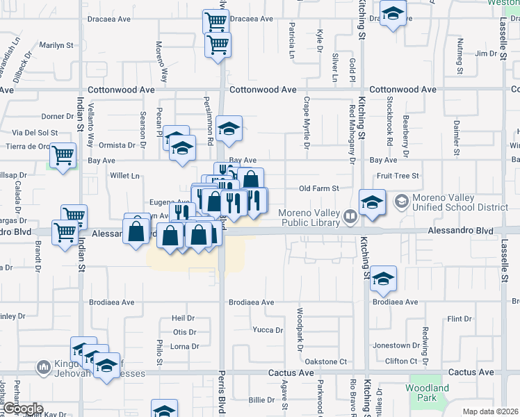 map of restaurants, bars, coffee shops, grocery stores, and more near 25141 Silent Creek Road in Moreno Valley