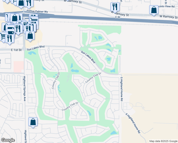 map of restaurants, bars, coffee shops, grocery stores, and more near 5168 West Pinehurst Drive in Banning
