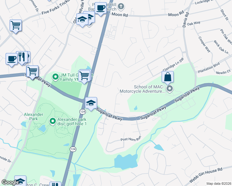 map of restaurants, bars, coffee shops, grocery stores, and more near 1130 Treymont Lane Southwest in Lawrenceville