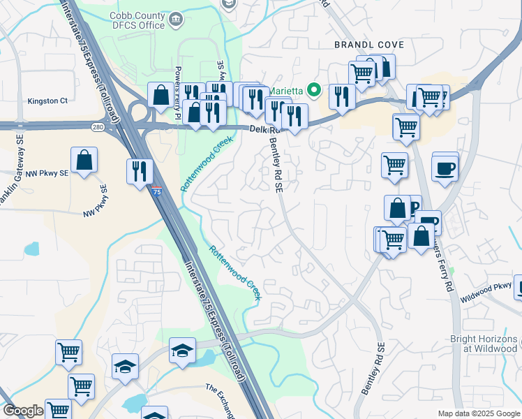 map of restaurants, bars, coffee shops, grocery stores, and more near 1641 Collingwood Drive Southeast in Marietta