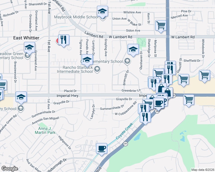 map of restaurants, bars, coffee shops, grocery stores, and more near 12410 Grayling Avenue in Whittier