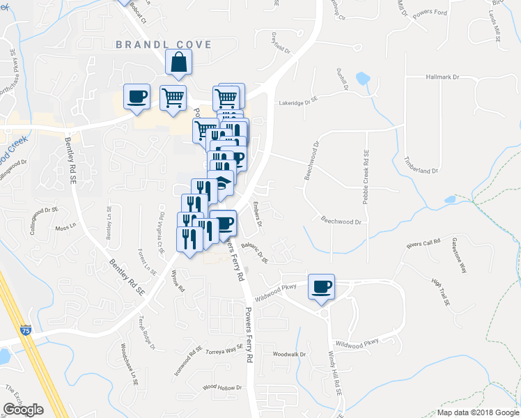 map of restaurants, bars, coffee shops, grocery stores, and more near 228 Smokerise Circle Southeast in Marietta