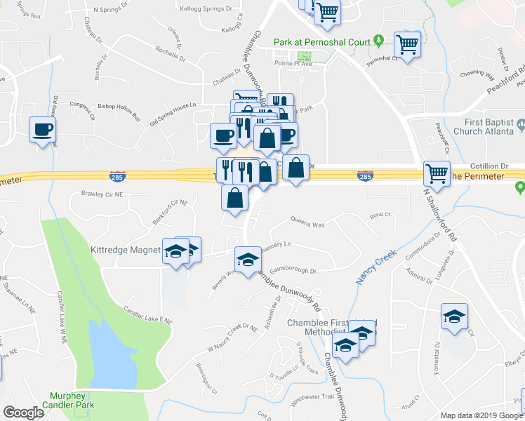 map of restaurants, bars, coffee shops, grocery stores, and more near 4302 Kingston Gate Cove in Atlanta