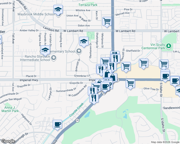 map of restaurants, bars, coffee shops, grocery stores, and more near 1100 South Cajon Drive in La Habra