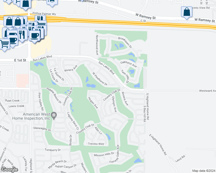 map of restaurants, bars, coffee shops, grocery stores, and more near 5168 West Pinehurst Drive in Banning