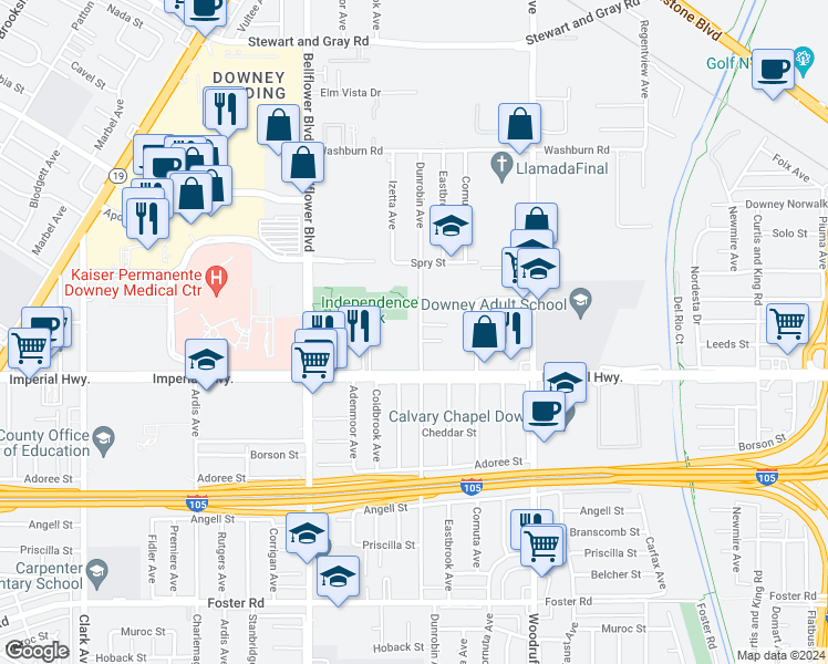 map of restaurants, bars, coffee shops, grocery stores, and more near 12415 Dunrobin Avenue in Downey