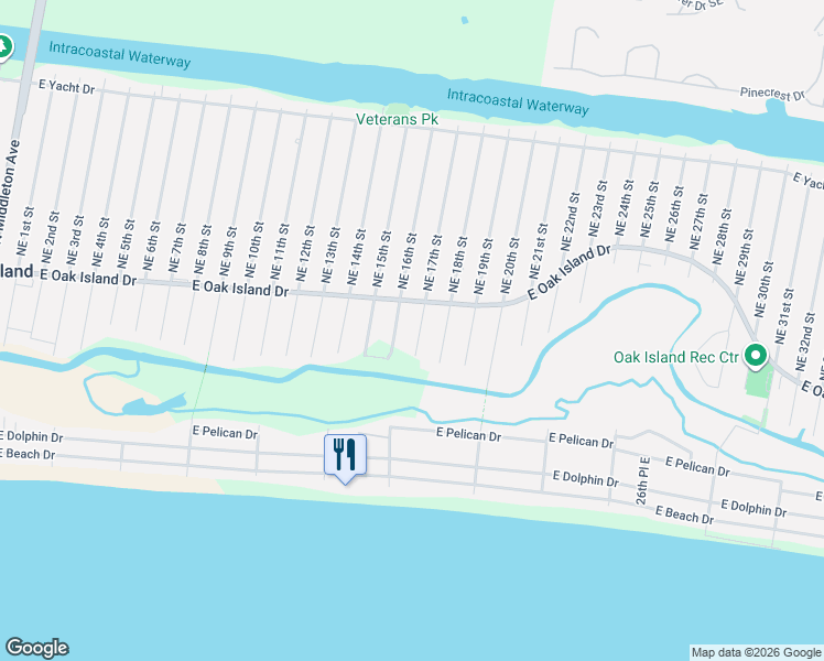 map of restaurants, bars, coffee shops, grocery stores, and more near 110 Southeast 17th Street in Oak Island