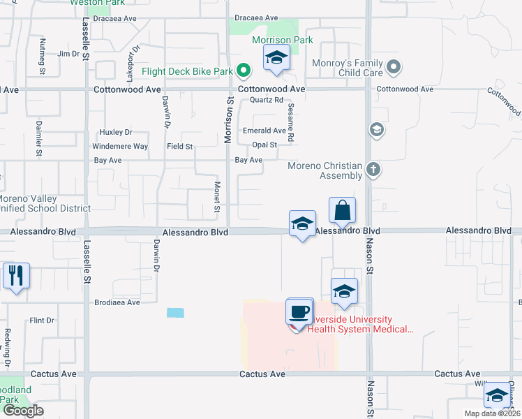 map of restaurants, bars, coffee shops, grocery stores, and more near 26607 Danube Way in Moreno Valley