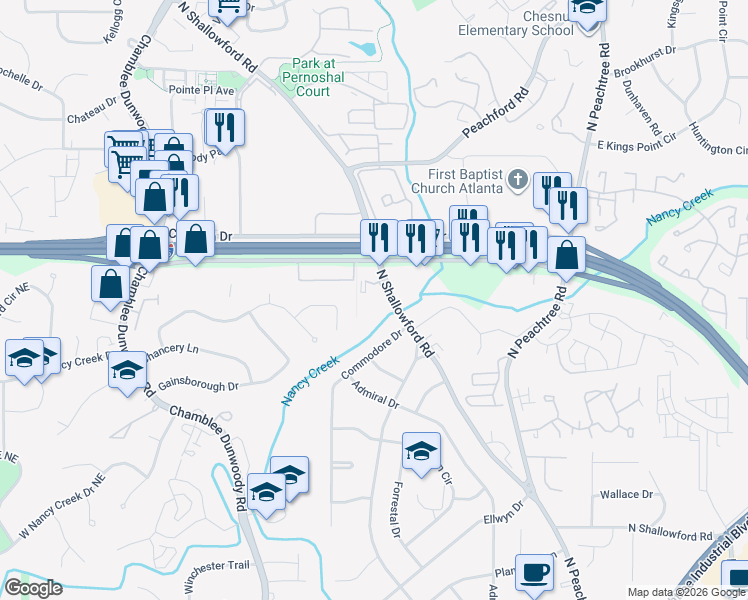 map of restaurants, bars, coffee shops, grocery stores, and more near 4306 North Shallowford Road in Atlanta